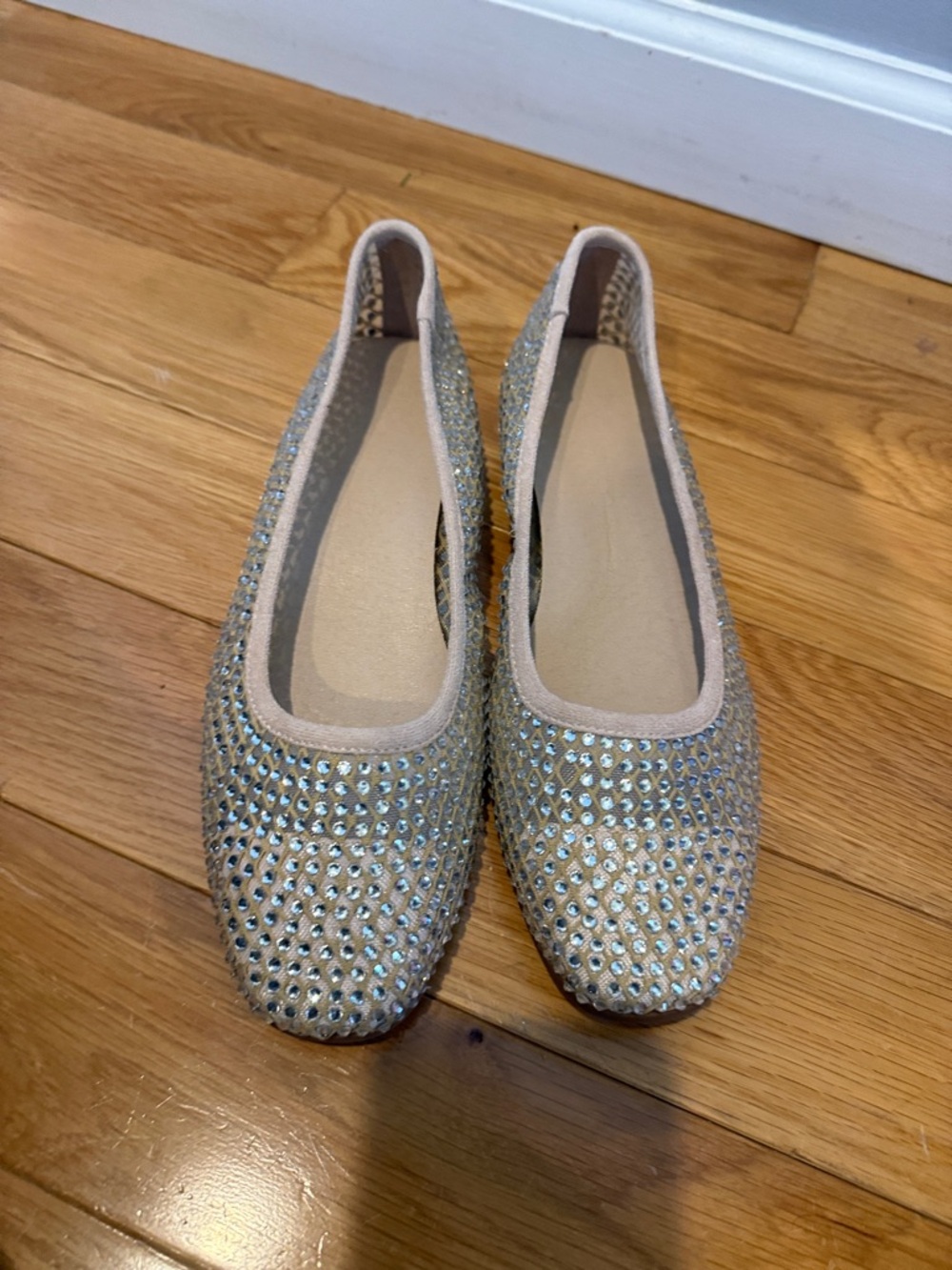 Crystal-Embellished Beige Ballet Flats - Women's Sparkle Loafers